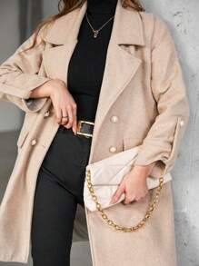 EURMUSE Roll Tab Sleeve Double Breasted Overcoat - Beige - View 1