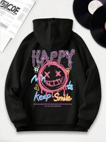 Men Cartoon & Slogan Graphic Kangaroo Pocket Drawstring Thermal Lined Hoodie - Black - View 1