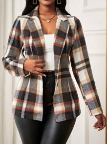 SHEIN Lady Plaid Print Lapel Neck Blazer - Multicolor - View 3