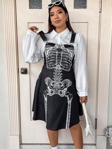 Flirla 大碼骷髅圖案背帶洋裝無襯衫 - 黑色 - 查看 4