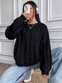 SHEIN Unity 纯色麻花针织落肩毛衣，女士晚秋休闲长袖修身黑色落肩套头衫，女士毛衣，长袖针织套头衫秋冬毛衣 - 黑色 - 查看 5