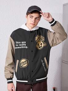 SHEIN Teen Boy Slogan Graphic Colorblock Drop Shoulder Varsity Jacket Without Hoodie - Multicolor - View 4