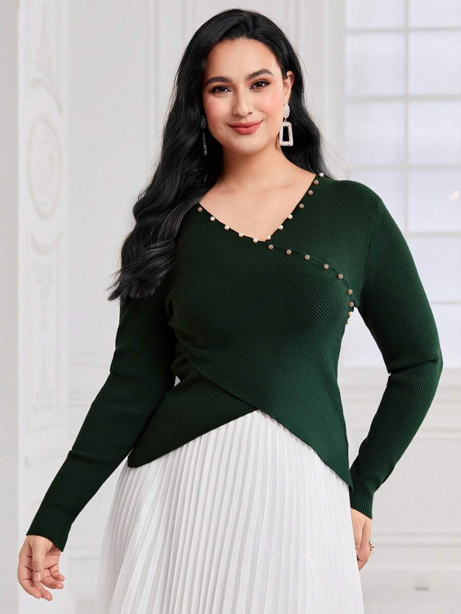 Modelyn Plus Pearls Beaded Crossover Sweater - Dark Green - View 1