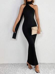 SHEIN Tall 素色繞頸緊身洋裝 - 黑色 - 查看 1