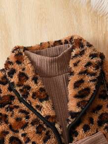 SHEIN Elladie kids Young Girl Leopard Print Contrast Binding Belted Vest Coat & Tee & Pants Mocha Young Girl Outfitkids Girl Outfit Browngirls Winter Clothes Setsmocha Outfit For Young Girl Girl