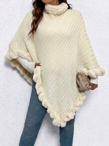 SHEIN Unity 加大码高领蝙蝠袖抓绒毛边饰毛球斗篷式针织套头衫秋冬毛衣 - 米色 - 查看 5
