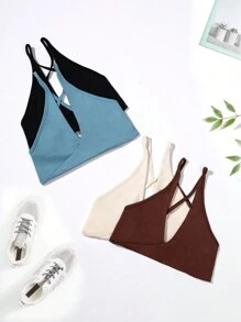 Easithlete 4pcs Solid Criss Cross Back Sports Bra - Multicolor - View 3