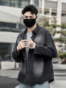 Manfinity Roghcode Men's Oversized Denim Shirt With Dual Pockets And Button Front - Black - View 3