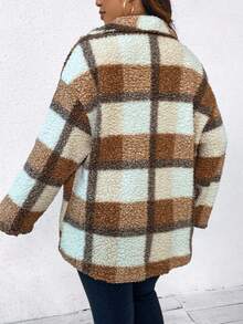 SHEIN Unity Plus Size Women's Plaid Drop Shoulder Long Sleeve Sherpa Casual Jacket - Camel - View 2