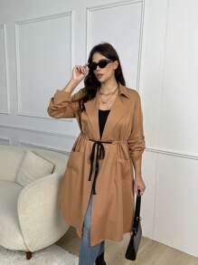 SHEIN LUNE Plus Roll Tab Sleeve Drawstring Waist Pocket Patched Coat - Brown - View 3