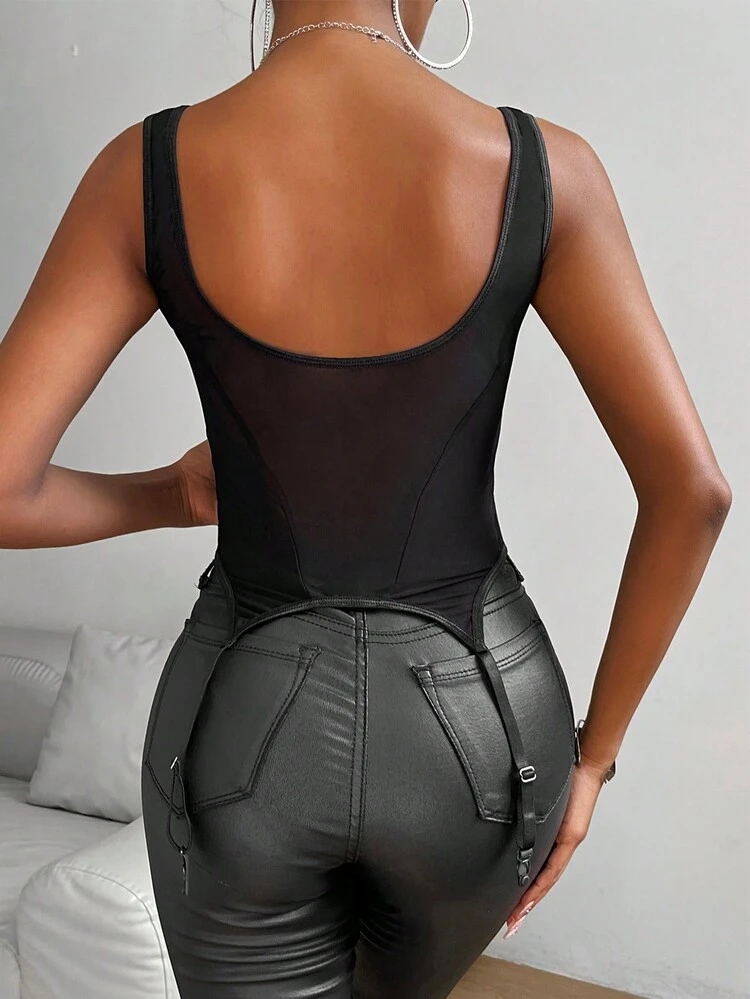 Contrast Mesh Asymmetrical Hem Tank Top