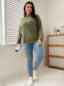 SHEIN Essnce Hơn Cổ giả Đồ đan Ribbed Áo nỉ - màu xanh lá - Xem 4