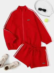 SHEIN EZwear Hơn 1 Miếng Thư được vá Sọc Bên Tay Raglan Áo khoác & 1 Miếng Quần short - Đỏ - Xem 1