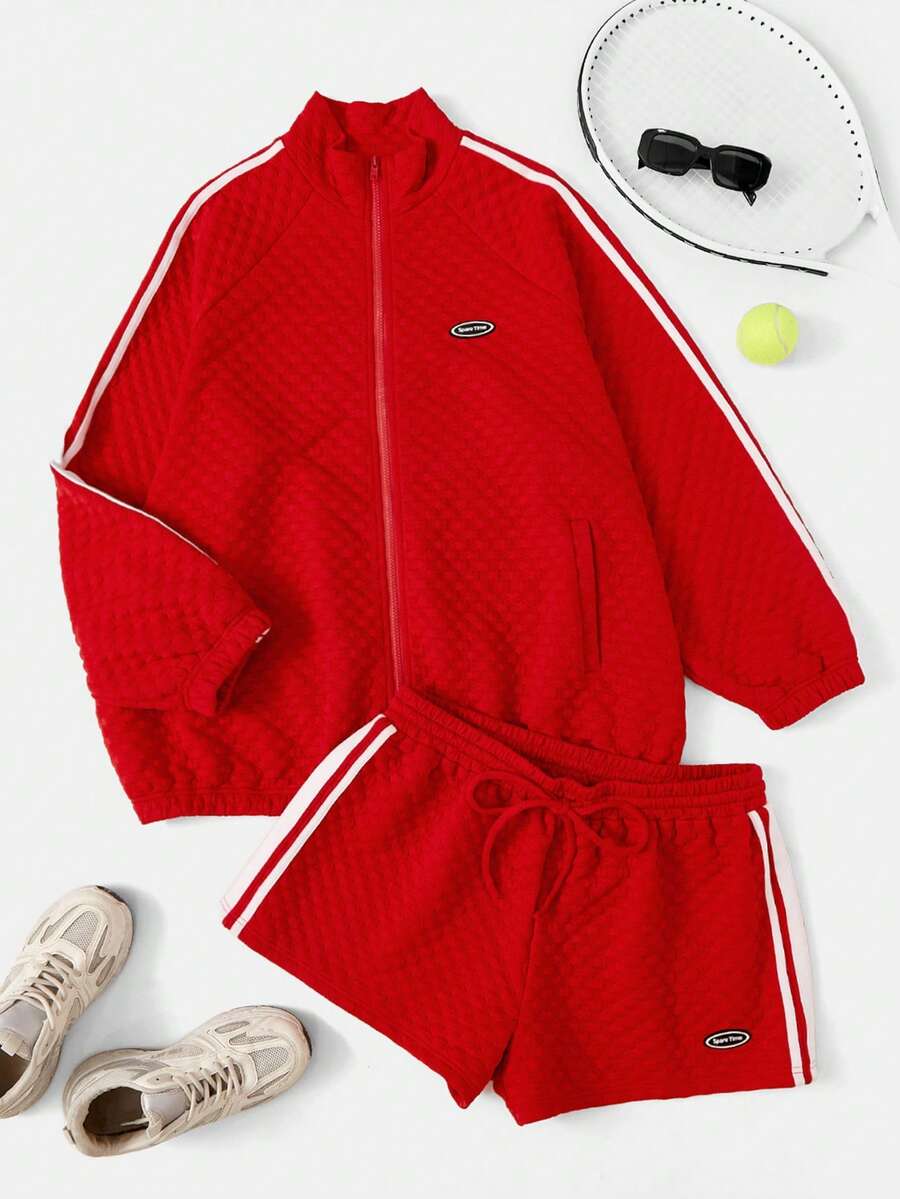 SHEIN EZwear Hơn 1 Miếng Thư được vá Sọc Bên Tay Raglan Áo khoác & 1 Miếng Quần short - Đỏ - Xem 1