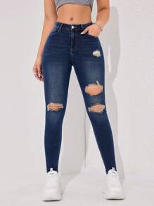 SHEIN EZwear 破洞緊身牛仔褲 - 深色水洗藍 - 查看 1