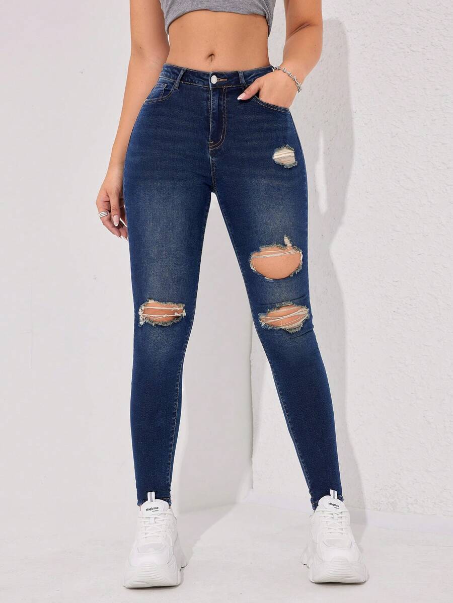 SHEIN EZwear 破洞緊身牛仔褲 - 深色水洗藍 - 查看 1