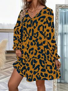 SHEIN LUNE Allover Print Ruffle Hem Smock Dress - Yellow - View 3