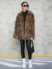 Teen Girl Leopard Print Fuzzy Coat - Brown - View 4