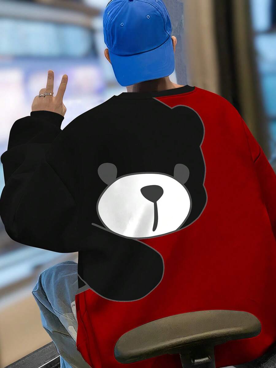 Manfinity Hypemode 男裝寬鬆保暖運動衫,印有熊和字母圖形和下墜式設計肩線 - 紅色 - 查看 1