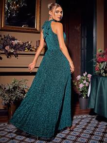 Simplee 鎖眼領金屬亮絲吊脖舞會洋裝 - 綠色 - 查看 2