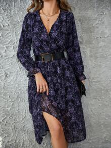 RueChic 滿版印花荷葉袖交叉領洋裝不附腰帶 - 彩色 - 查看 5