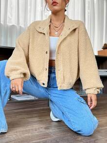 SHEIN EZwear Drop Shoulder Teddy Jacket - Apricot - View 5