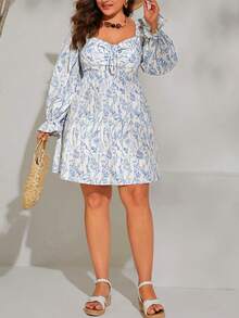 SHEIN VCAY Plus Allover Print Flounce Sleeve Knot Front Dress - Multicolor - View 5