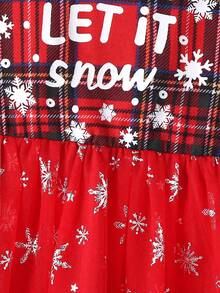 SHEIN Young Girl Christmas Snowflake & Slogan Graphic Ruffle Trim Mesh Hem Dress & Headband - Red - View 8