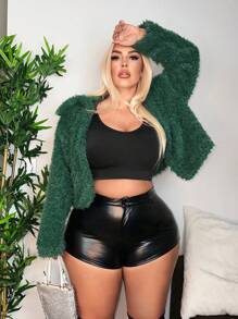 SHEIN SXY Plus Solid Open Front Fuzzy Coat - Dark Green - View 1