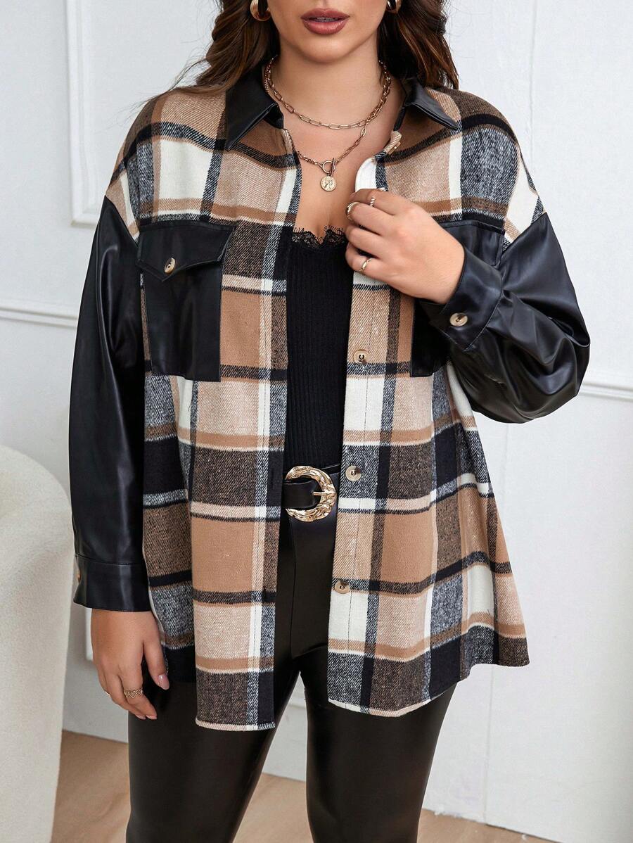 SHEIN Unity Plus Plaid Print Drop Shoulder Flap Pocket PU Leather Panel Jacket - Brown - View 1
