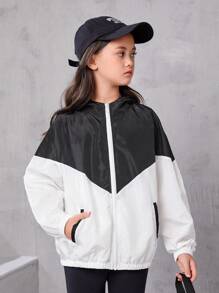 Cô gái Tween Hai âm áo có mũ Áo Jacket gió - Đen và trắng - Xem 1