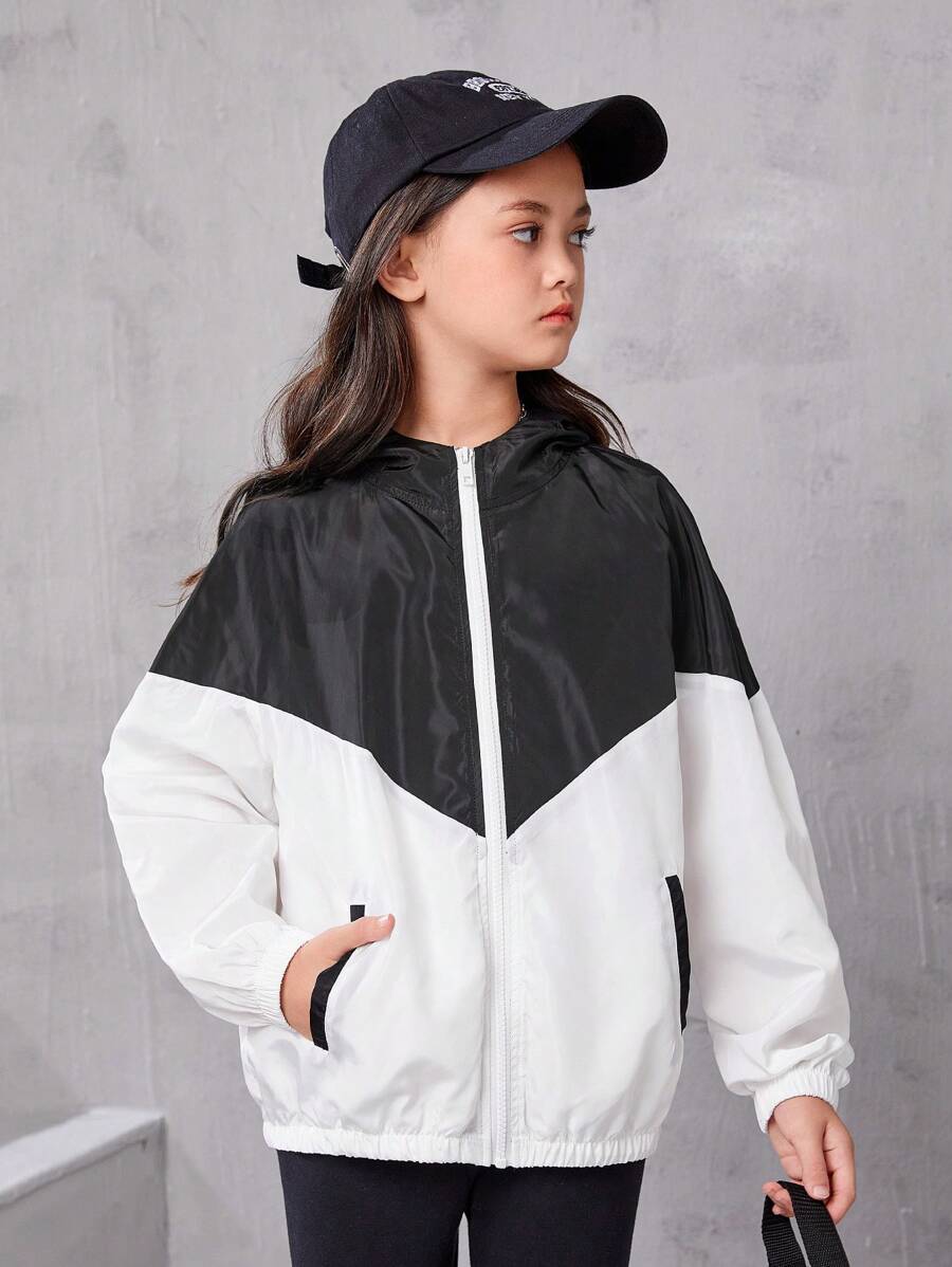 Cô gái Tween Hai âm áo có mũ Áo Jacket gió - Đen và trắng - Xem 1