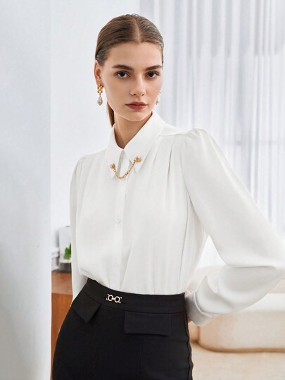 BizChic Women's Autumn Metal Chain Button Shirt, Urban Commute Office Business Casual Elegant Lady Formal Blouse Top