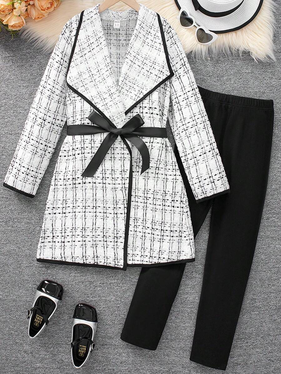 SHEIN Cô gái Tween Kẻ sọc Tương phản ràng buộc Thắt lưng Áo khoác Trench & Quần - Đen và trắng - Xem 1
