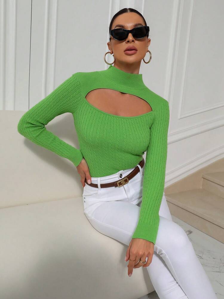 Cut Out Mock Neck Cable Knit Pullover Fall Winter Sweater