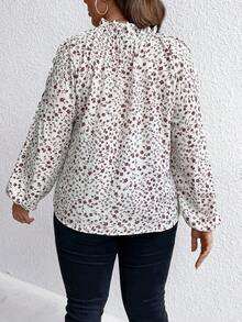 SHEIN LUNE Hơn In hoa Ditsy Cắt bỏ chi tiết Tay áo lồng đèn Áo sơ mi - Màu be - Xem 2