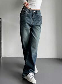 DAZY Slant Pocket Straight Leg Jeans Wide Leg Jeans,Baggy Jeans - Dusty Blue - View 4