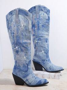 SHUZIA 圖案鑲嵌水晶粗跟靴，女士牛仔靴 - 藍色 - 查看 2