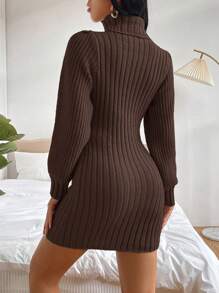 EURMUSE Turtleneck Ribbed Knit Belted Sweater Dress - Brown - View 2