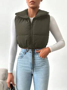 RueChic Drawstring Hem Zipper Puffer Vest Coat - Khaki - View 3