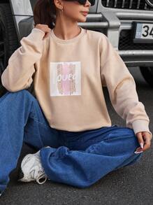 EURMUSE Letter Graphic Drop Shoulder Sweatshirt - Apricot - View 1