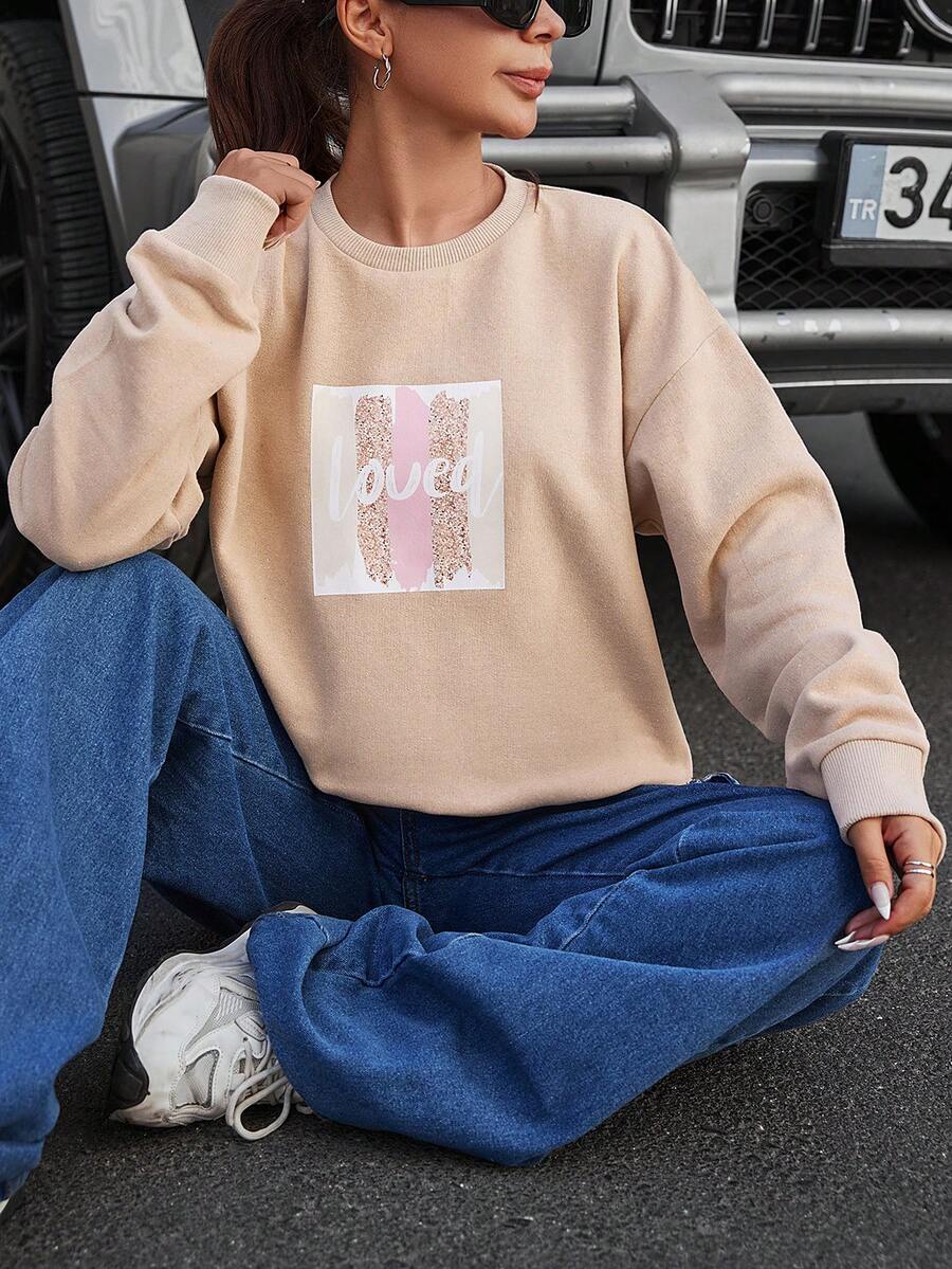 EURMUSE Letter Graphic Drop Shoulder Sweatshirt - Apricot - View 1