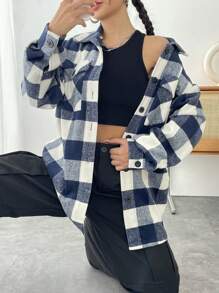 SHEIN Unity Women Overcoats Kantong Tombol Depan Kain genggang Plaid Casual - Blue and White - View 4