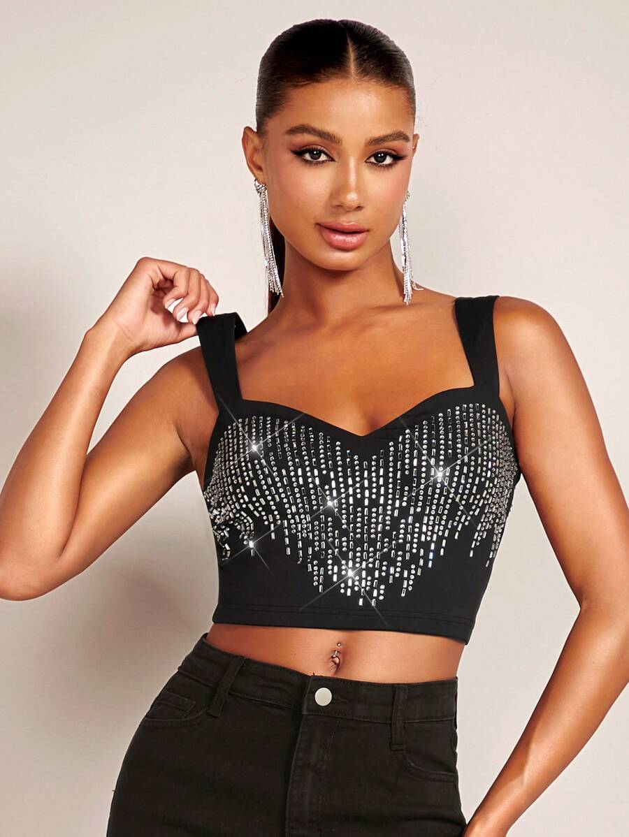 SHEIN BAE Rhinestone Detail Crop Cami Top - Black - View 1