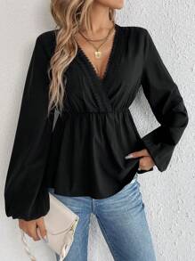SHEIN Tall Guipure Lace Trim Lantern Sleeve Peplum Blouse