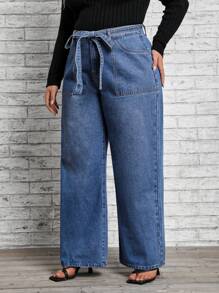 SHEIN LUNE Hơn Thắt lưng quần ống rộng Quần jean - Rửa trung bình - Xem 5