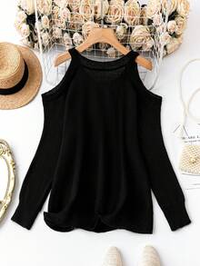 SHEIN LUNE 大碼挖肩素色套頭毛衣 - 黑色 - 查看 2