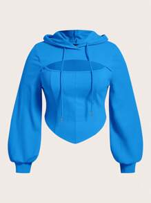 SHEIN EZwear Plus Size Cut Out Front Drawstring Sweatshirt - Blue - View 1