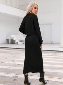 SHEIN Essnce 落肩T恤&高衩半身裙 - 黑色 - 查看 2