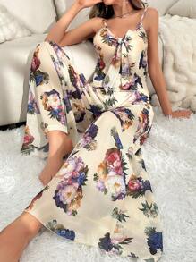 Conjunto de pijama con top de camisa de tirantes con nudo frontal y pantalón de pierna ancha con estampado floral - Albaricoque - Ver 1